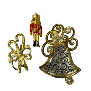 Vintage 80s Candy Cane, Nutcracker, and Bell Christmas Brooches, Gold tone and S